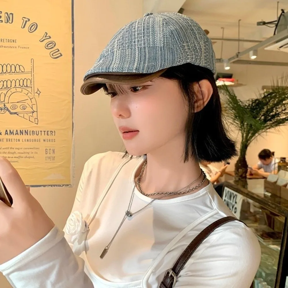 

Vintage Retro Denim Beret Flat Brim Versatile Cowboy Beret Artist Y2k Painter Cap Streetwear