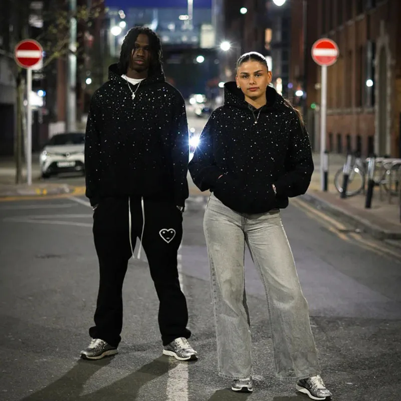 2025年 フード付きスポーツプルオーバー、ホットスタンピングダイヤモンドカップルスタイルストリートウェア、INS