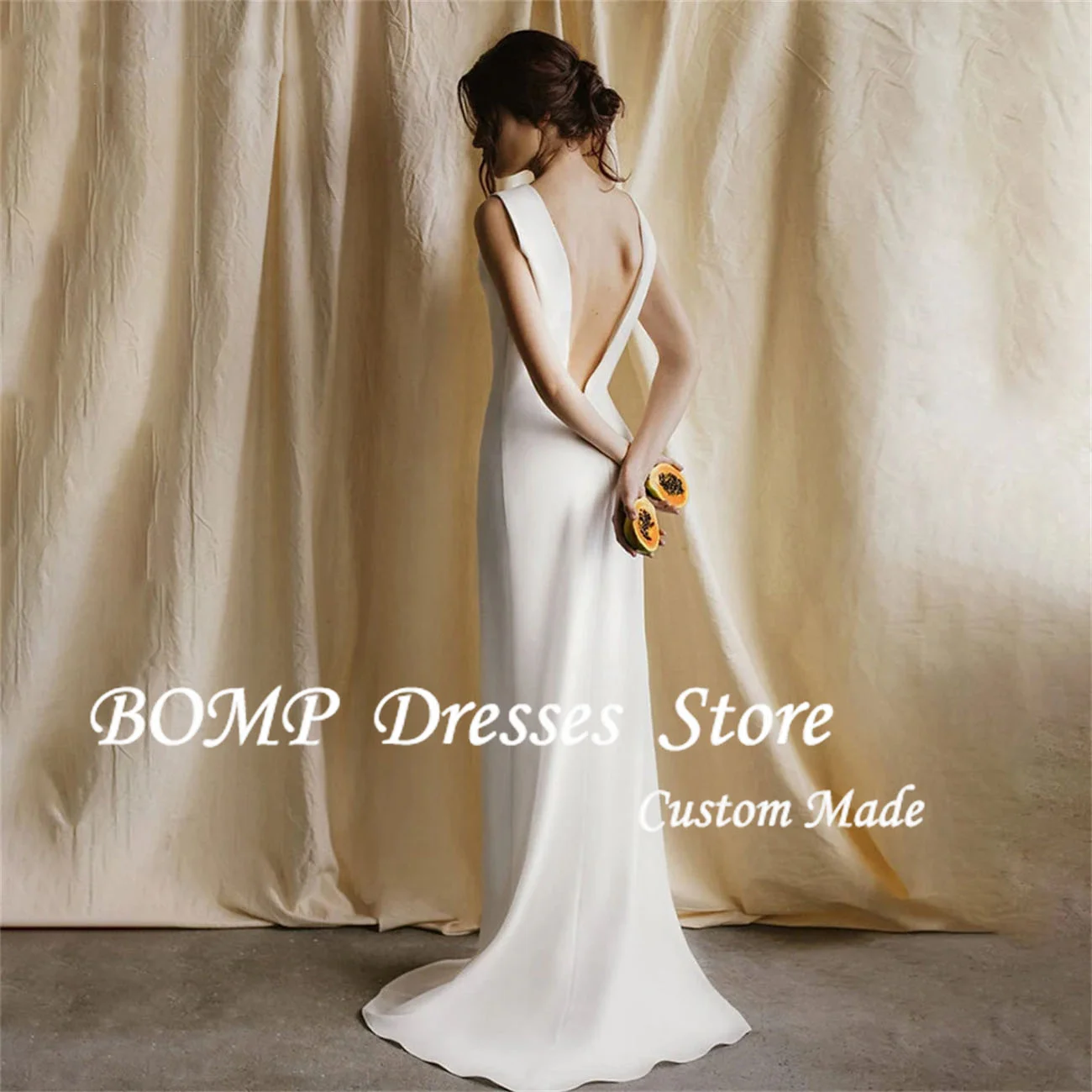 BOMP Customized Stretchy Crepe Sheath Simple Wedding Dress Sleeveless Open Back Boat Bateau Neck Elegant Bridal Gown 2025