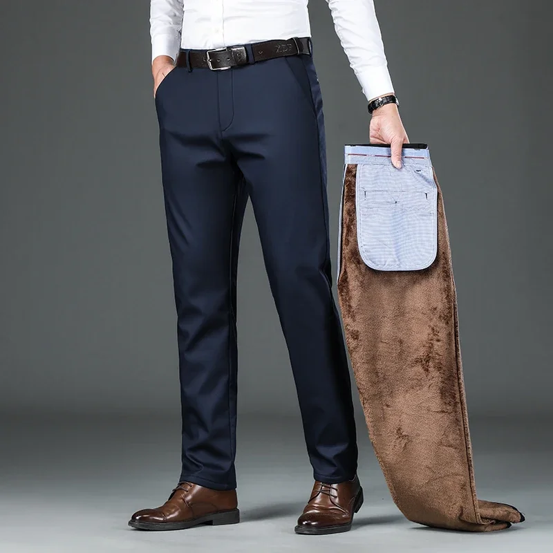 Winter Fleece Men\'s Business Pants Classic Trousers Elastic Thickened Warm Flannel Straight Casual Brand Plush Pants