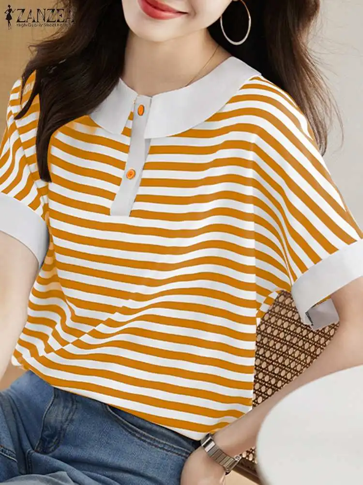ZANZEA 2024 Summer Stripes Short Blouse Women Patchwork Tops Elegant Office Doll Collar Blusas Korean Slim Holiday Tunic Shirt