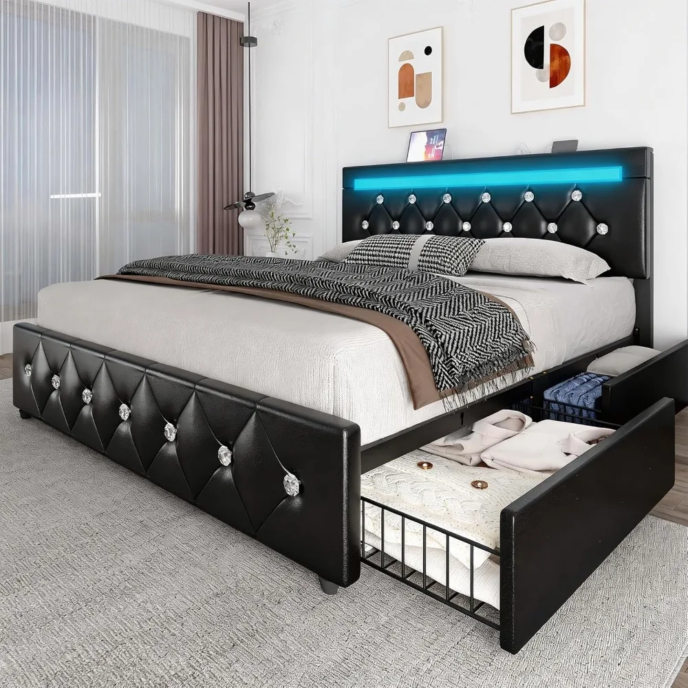 Queen Size Bed Frame, Storage Bed with 4 Drawers and Adjustable Headboard, Upholstered Platform Bed with Handy Charging, Custom