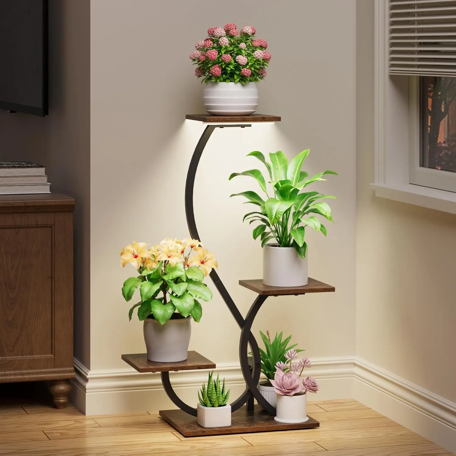 

S-Shaped Plant Stand with Grow Lights, 4-Tier Metal Shelf for Indoor Plants, Black