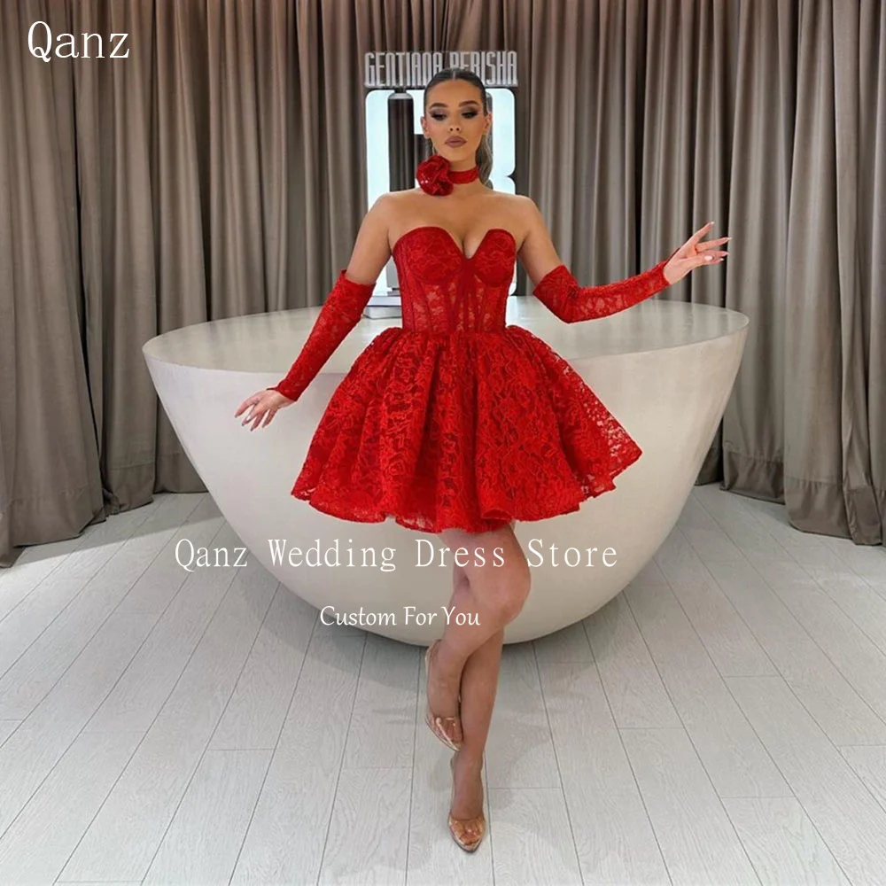 

Qanz Chic Lace Red Prom Dresses Short A Line Sweetheart Cocktail Dresses Detachable Sleeves Evening Dresses Customized Elegant