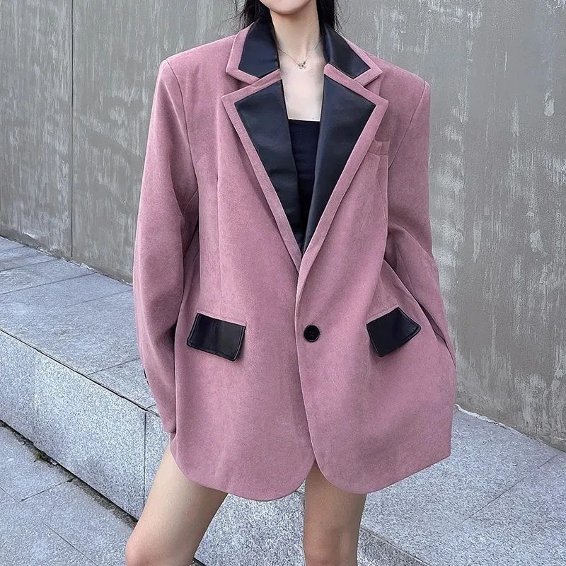 Winter patchwork Blazers,For Women's,Spring Autumn Suit Jackets,New Retro shoulder padded Casual Blazer Coats, Purple Suits Tops