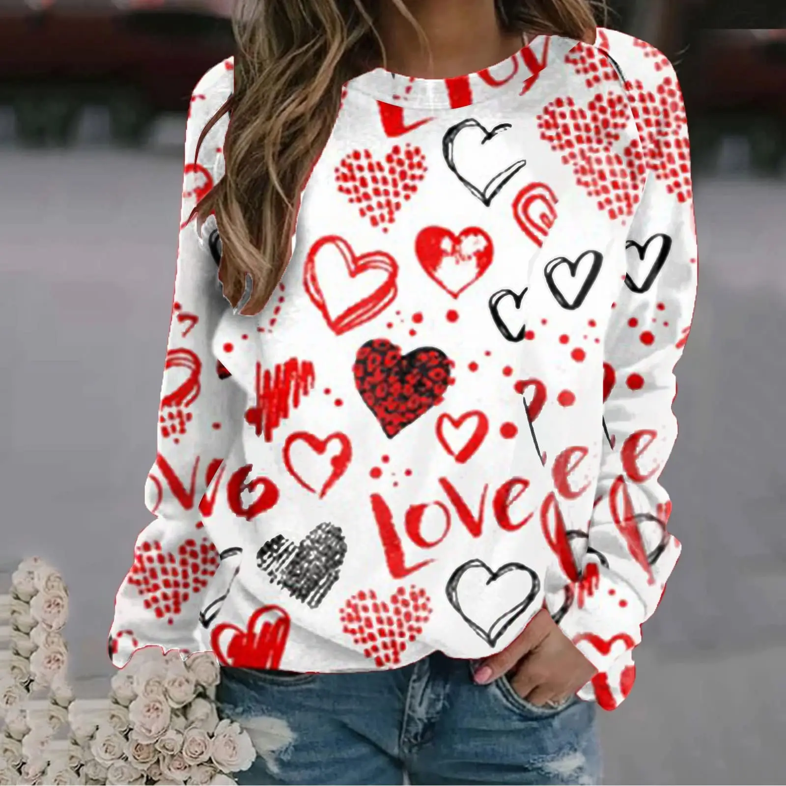 New Women\'s Casual Sweatshirt 3D Love Print Long Sleeve Round Neck Loose Autumn Pullover Fashion Versatile Women\'s Hoodie