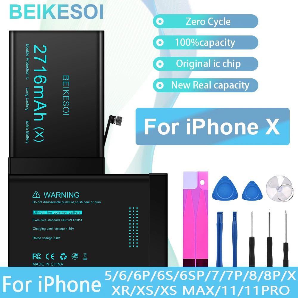 BEIKESOI Battery For iPhone X XR XS MAX  Apple iPhone bateria For iPhone X XS xsmax xr Mobile Phone Battery with Tool for iphone 15 pro max r just metal silicone tempered glass life waterproof phone case with holder