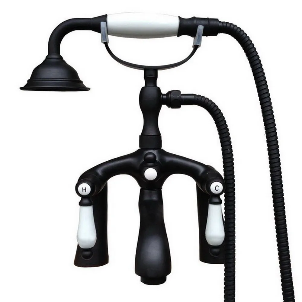 

Bathroom Black Oil Rubbed Bronze Deck Mounted Clawfoot Tub Filler Faucet Handshower Double Ceramic Handles atf514