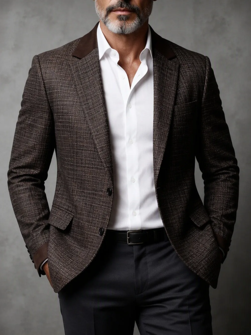 Men's Brown Tweed Check Blazer Contrast Lapel Slim‑Fit Single Button Notch Lapel Patch Pocket Business Casual Retro Suit Jacket