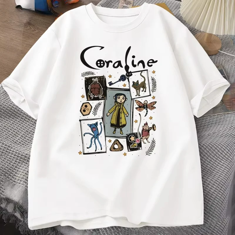 Coraline Halloween T-Shirt Women Men Spooky Vintage T-shirt Summer Short Sleeve Women's Loose Round Neck Cotton Printed Top