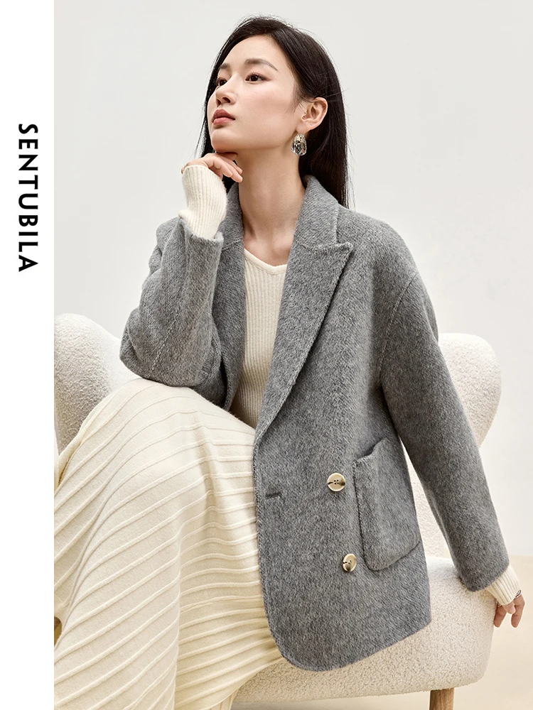 SENTUBILA Gray Woolen Coats for Elegant Women 2025 Winter Fashion Office Lady Double Breasted Pockets Oversized JacketsW44O56003