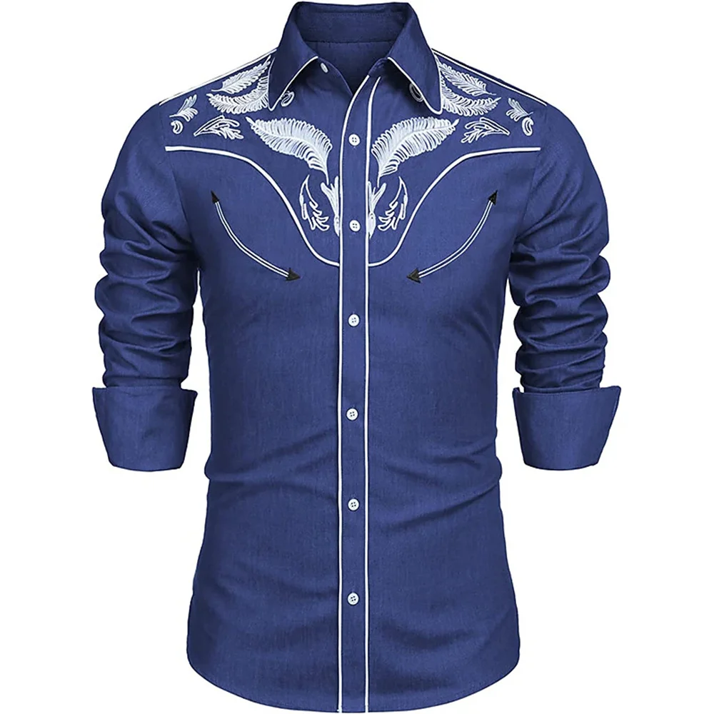 Camisas estampadas de estilo occidental para hombre, blusas informales de un solo pecho, camisa de manga larga, ropa de calle, Tops de solapa, Tops