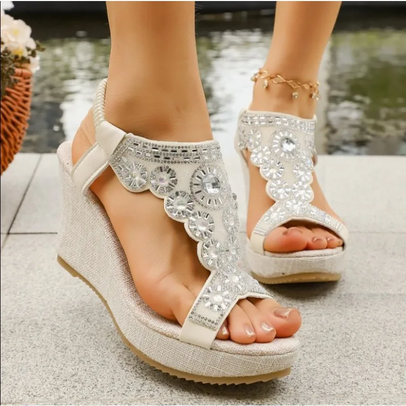 

2026Rhinestone Butterfly Wedge Sandals for Women Transparent High Heel Platform Summer Fashion Crystal Beach Shoes