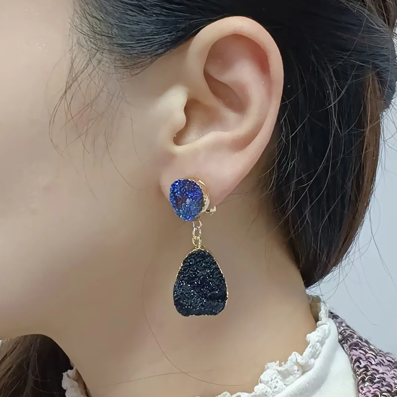 2019 New Bohemian Green Druzy Resin Stone Clip on Earrings No Pierced for Women Jewelry Drusy Ear Clips Eardrop Long Earrings
