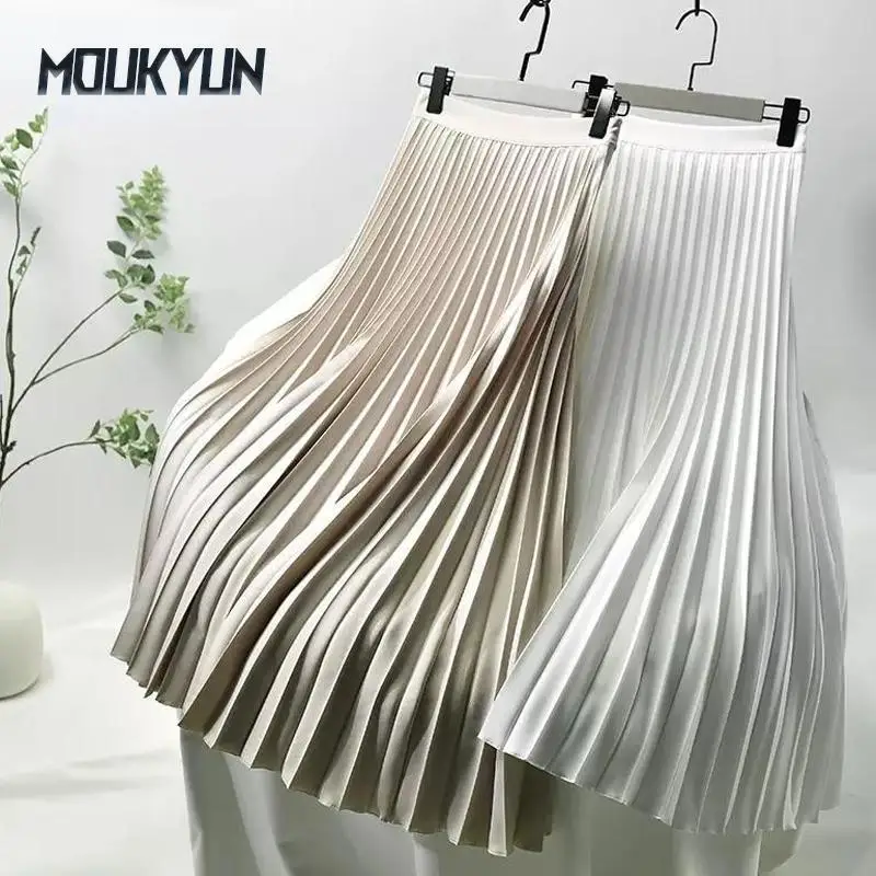 

Women Spring Autumn Elegant Solid Pleated Skirt High Waist Luxury Fashion With Elastic Female