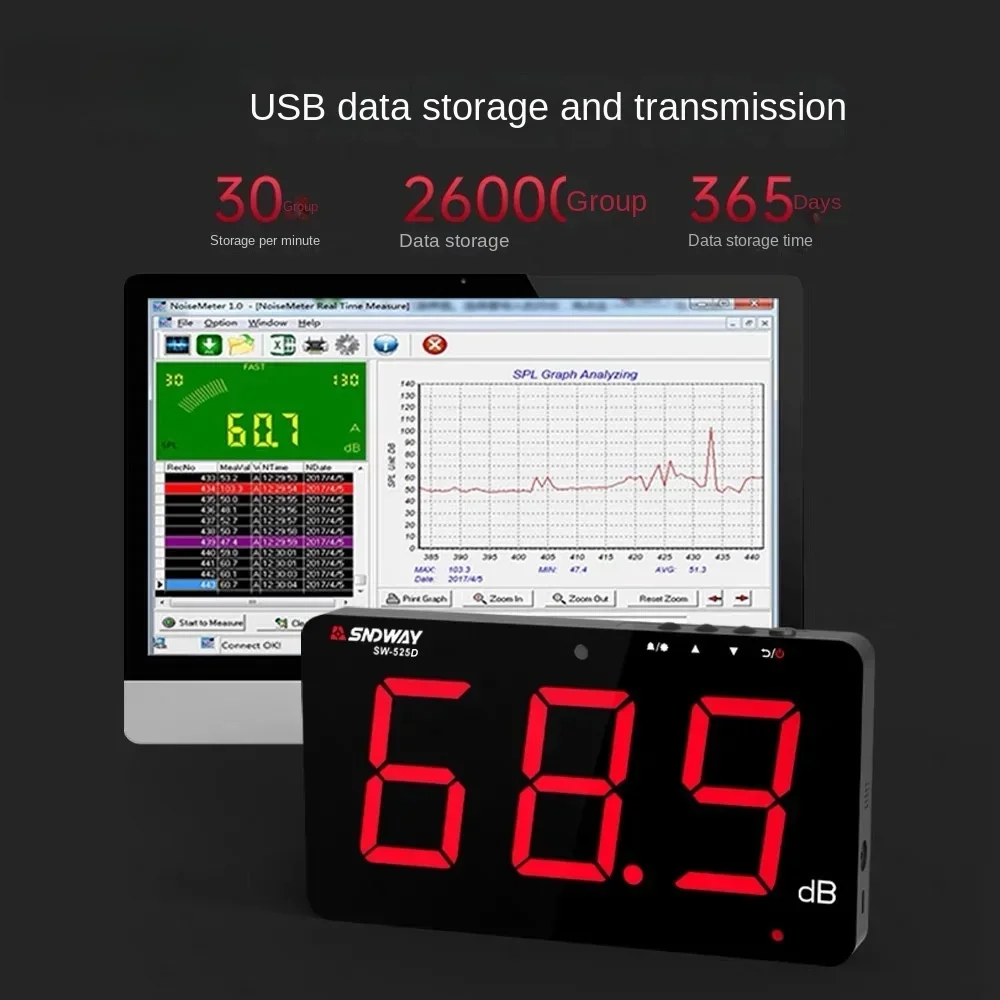 Grabador de ruido montado en la pared SW525A, detector de medidor de ruido ambiental, pantalla grande de 9,6 pulgadas, alarma, almacenamiento de datos