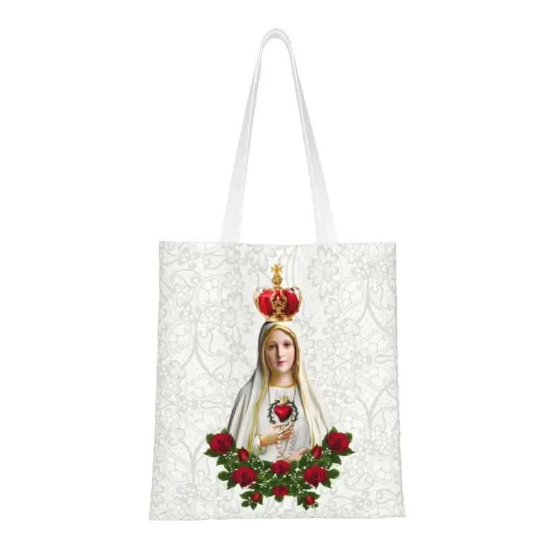 Cute Our Lady Of Fatima Virgin Mary Shopping Tote Bags Reusable Portugal Rosary Catholic Canvas Groceries Shoulder Shopper Bag