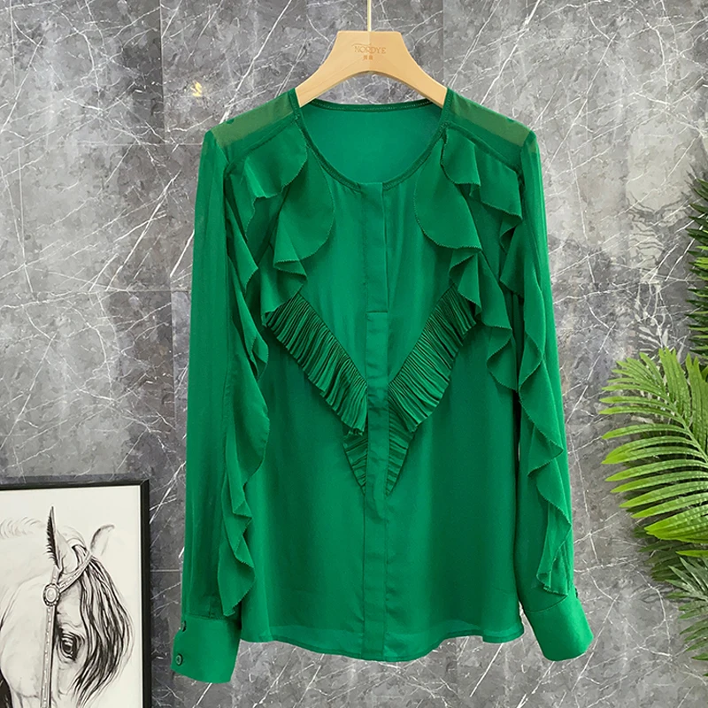 Ruffled Green Black and White Silk Top Long-sleeved Mulberry Silk Light and Breathable Commuter O-neck Shirt