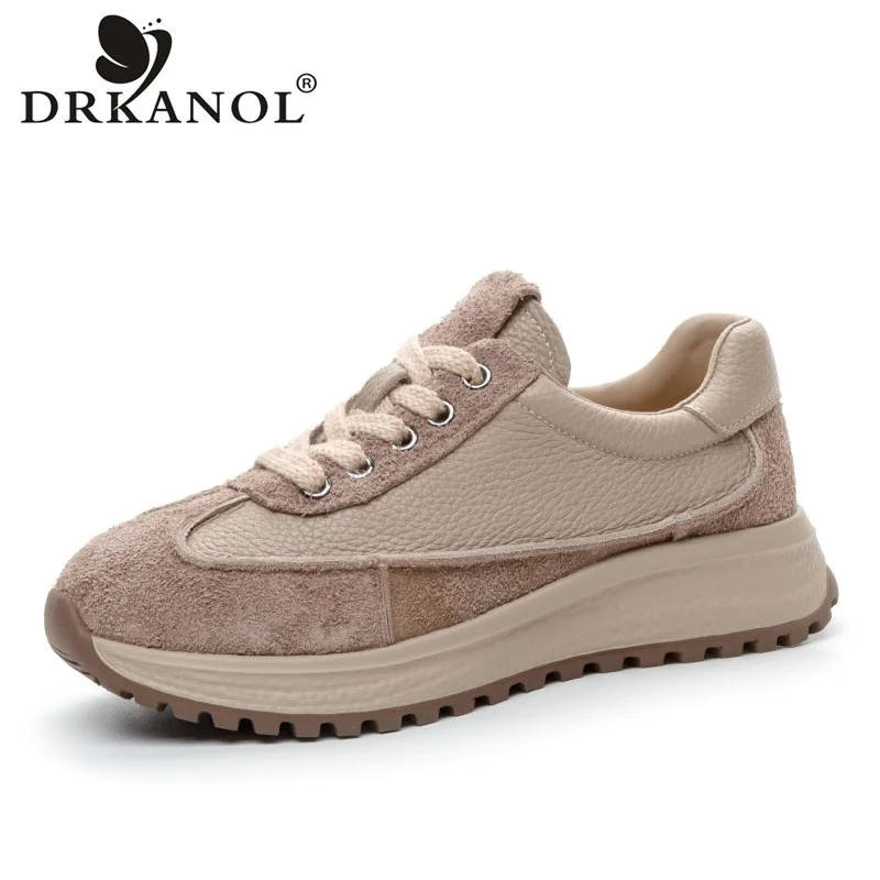 DRKANOL Spring Autumn Women Casual Sneakers Mixed Colors Genuine Leather Thick Bottom Lace-Up Lightweight Women Flat Shoes H9831