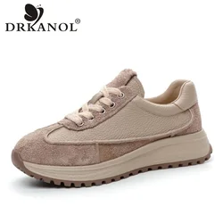 DRKANOL Spring Autumn Women Casual Sneakers Mixed Colors Genuine Leather Thick Bottom Lace-Up Lightweight Women Flat Shoes H9831