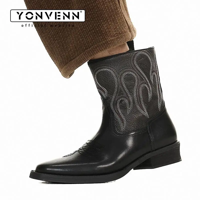 

American retro embroidery Western cowboy boots men's zipper design workwear short leather boots black handmade men's shoes