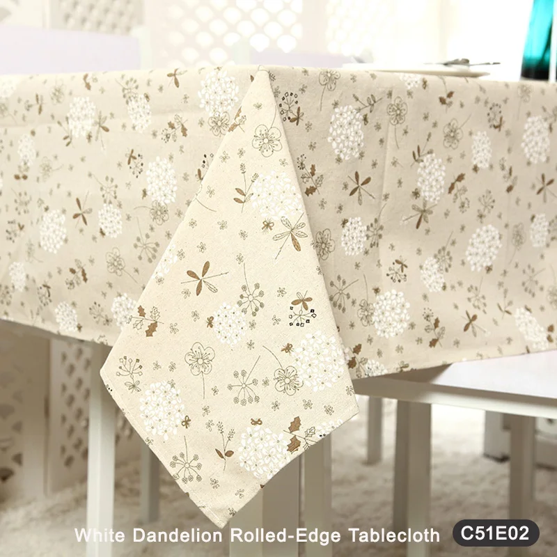 

Linen Look Polyester Cotton Lace Tablecloth White Dandelion Daisy Trim Scalloped Edge Home Decorative Dining Table Cover