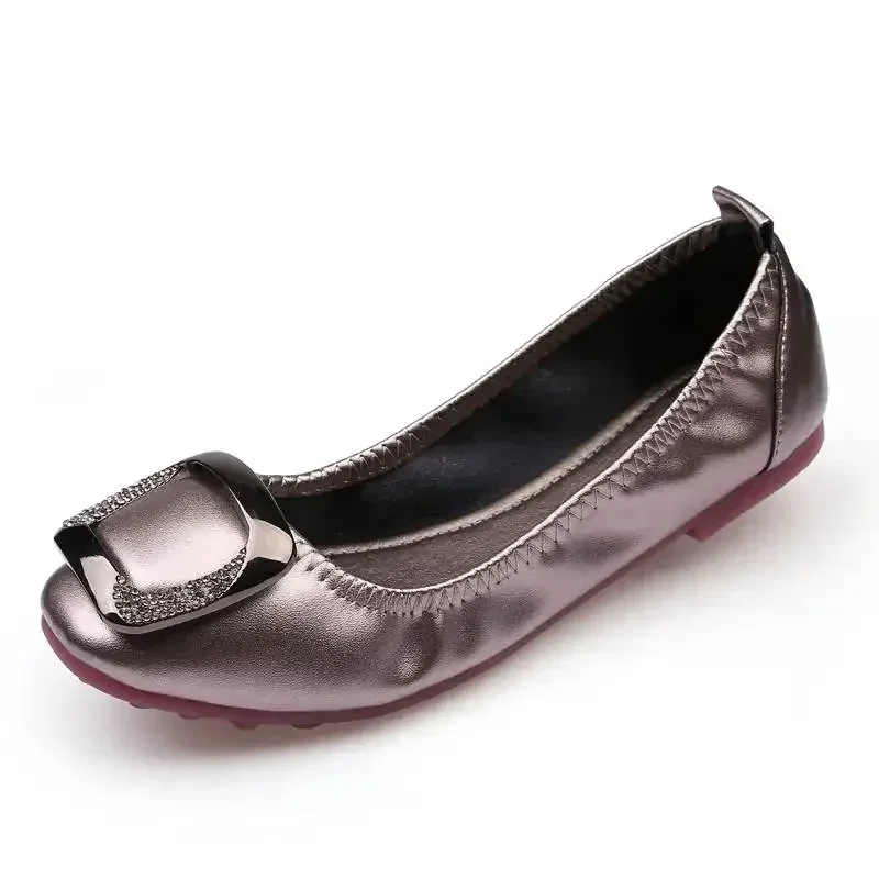 Soft Leather Crystal Buckle Roll Up Flat Slip on Mules Women Shoes Spring Lazy Comfy Mocassin Femme Plus Size 41 Pregnant Flats