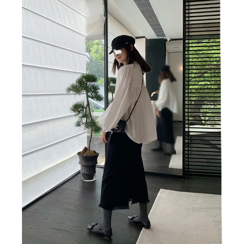 

White Bubble Sve irt Женский воротник-стойка Свободный топ трапециевидной формы, закрывающий живот кукла irt Хлопок Полиэстер Французский Sle Тонкий Lo...