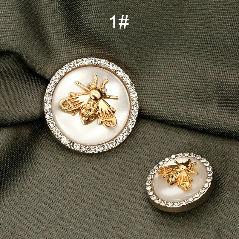 New Arrival Antique Rhinestone Decor Metal Gold Bee Pink Blue Pearl Buttons For Clothes Coat Cardigan Sweater Sew Needlework 6PC