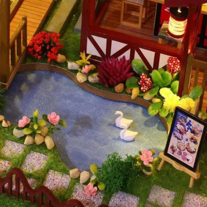 OUZEY Japanese Zen Villa DIY، منزل خشبي مزدوج الطبقات ثلاثي الأبعاد، نموذج حديقة تقليدي للمراهقين #6