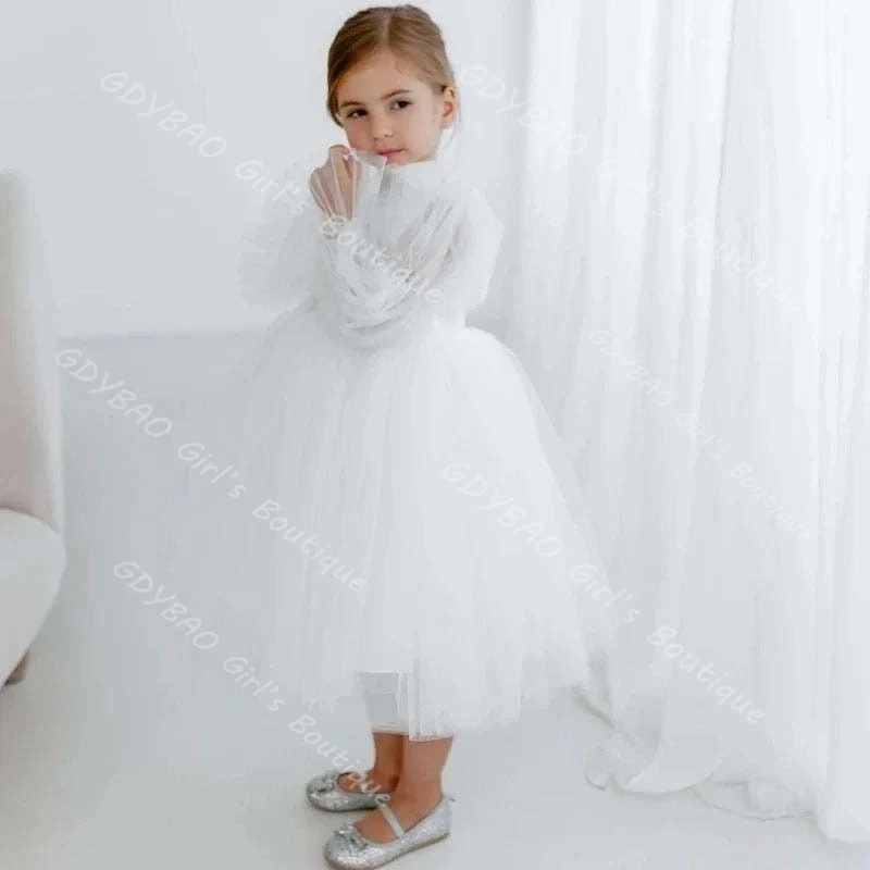 

White Flower Girl Dress for Wedding Toddlers Puff Sleeve First Holy Communion Dress 2-14 Kids Tea-Length Party Ball Gown Custom