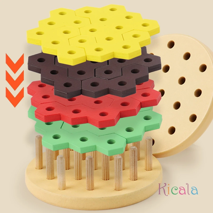 Montessori Hamburger Building Blocks Ordinamento e impilamento geometrici in legno Giocattolo Gioco di puzzle a colori per l'apprendimento educativo precoce