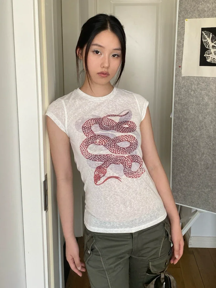 ADAgirl Y2k Snake Print T-shirts for Women Vintage White Short Sleeve Graphic Tee 2000s High Street Summer Slim Tops Alt Clothes