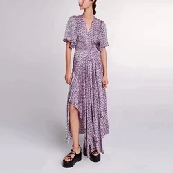 2024 Spring And Summer New Women's Dress Y2k Fashion Printed V-Neck Short Sleeve Elastic Waist Irregular Hem Long Dresses