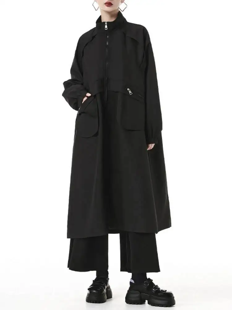 여성 육군 녹색 포켓 빅 사이즈 롱 트렌치 새로운 스탠드 칼라 긴 소매 윈드 브레이커 패션 봄 가을