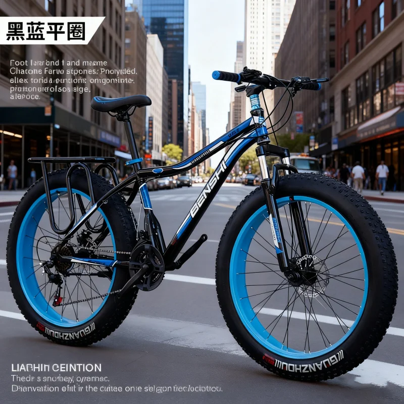 Schwarz und Blau, großes Reifenfahrrad, Erwachsene, Herren, variable Geschwindigkeit, dick, breit, Schnee, Mountainbike, Offroad, Fatbike, Strand, Stoßdämpfung