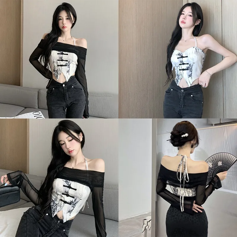 Women Two-piece Sunscreen Blouse Blouse Sexy Long Sleeved Waistcoat Short Waistcoat Hanging Neck Solid Color Blouse