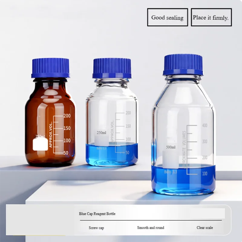 Blue cap glass reagent bottle transparent brown screw top sample bottle 50ml 100ml 250ml 500ml 1000ml 2000ml