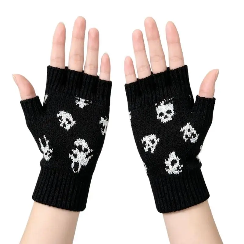 Neue Halloween-Totenkopf-Strickhandschuhe für Halbfinger-Fingerlose Handschuhe, Warme Winter-Wollhandschuhe für Draußen – Detail 6