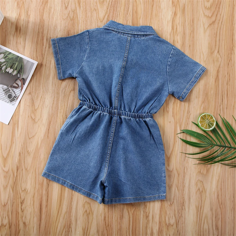 Denim Romper for Girls Turn Down Collar Single Breasted High Waist Shorts Jumpsuit with Pockets Toddler Baby Clothes Streetwear