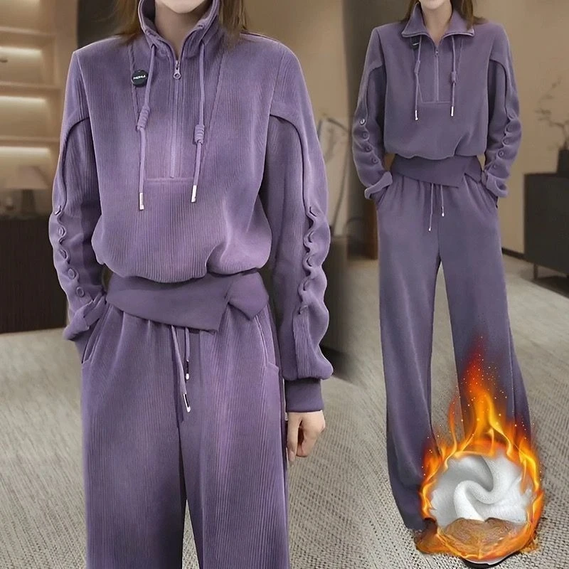 Conjunto de dos piezas de pantalones de pierna ancha de cintura alta para mujer, suéter con cuello levantado y media cremallera, color morado cálido, diseño a la moda