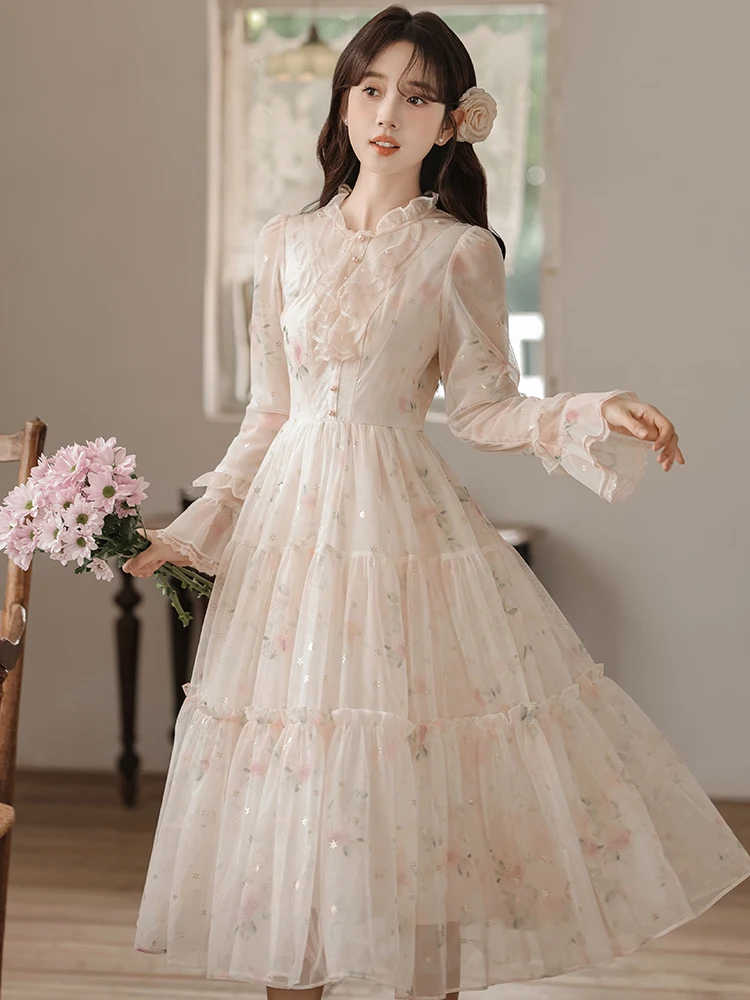 

Women Long Dress 2024 New Cute Three Quarter Sleeve Flounced Print Ruffled Flare Sleeve Mesh Apricot Dresses