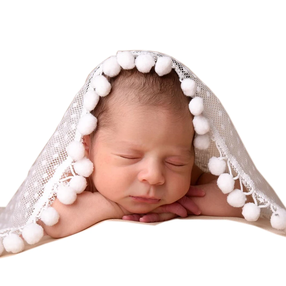 Newborn Photography Props Baby Photo Shoot Outfit Infant Wrap Blanket with Pom Pom Lace Cute Studio Accessories Baby Shower Gift