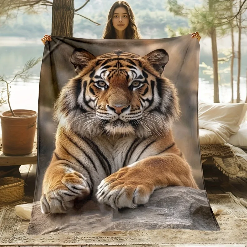1pc Tiger Lying Down Blanket - Lightweight Flannel Throw with Realistic Tiger Print Soft Warm All-Season Cozy Blanket for Sofa