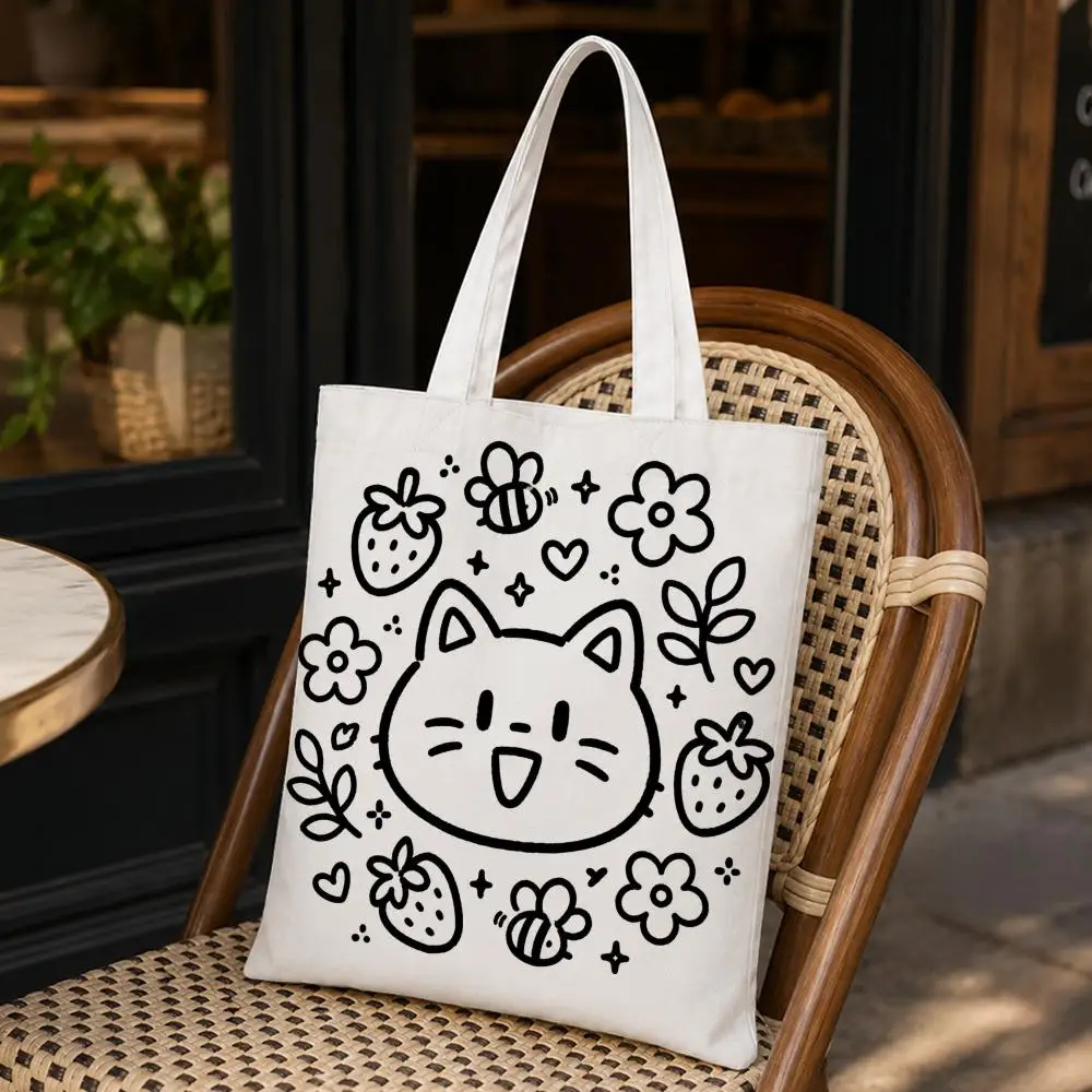 Simple drawing of a kitten Storage Bags Foldable Shopping Bag Canvas Aesthetic Canvas Reusable Fashion Shopping Bag