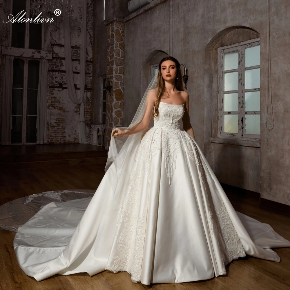 

Alonlivn Luxurious Satin Beading Pearls Boat Neck Ball Gown Wedding Dresses Embroidery Lace Long Train Bridal Gowns