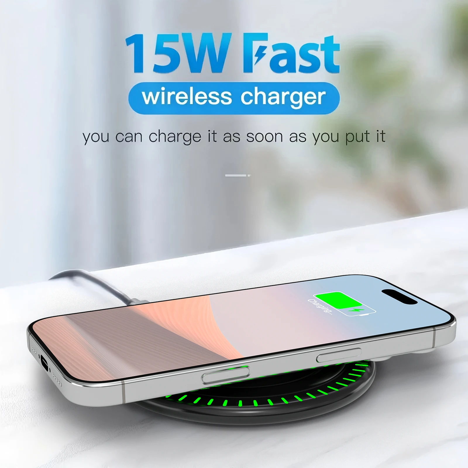 

Беспроводное зарядное устройство, совместимое с iPhone 11-17 Pro/Max, быстрая беспроводная зарядная панель Qi, идеально подходит для офисов, общежитий и домашних кабинетов