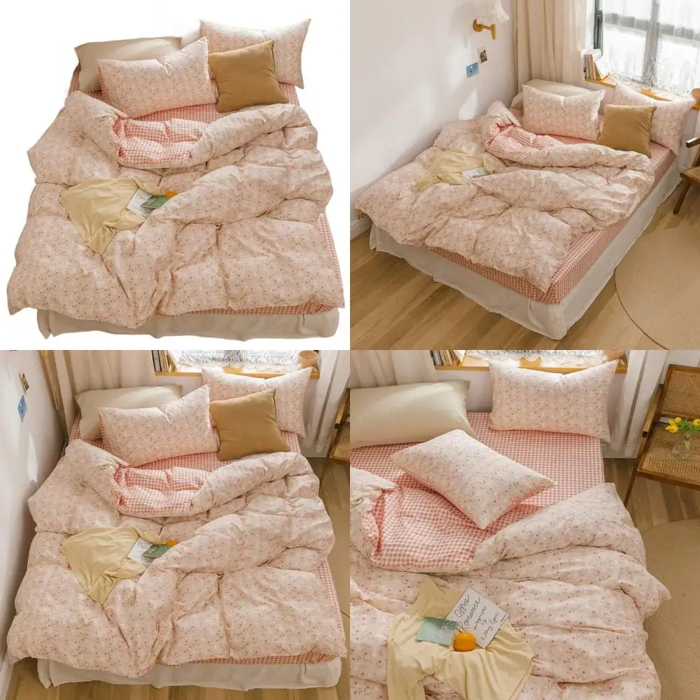 

Queen Size 100% Cotton Rabbit Cartoon Duvet Cover Set for Kids, Teens - Pink with Red Flowers and Bunny on Reversible Comforter,