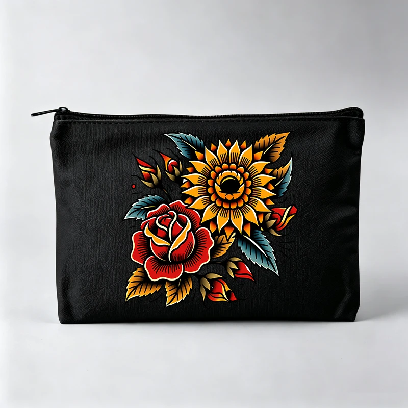 Women's Floral Pattern Makeup Bag with Sunflower and Rose Print, Vintage Style Cosmetic Pouch for Daily Use