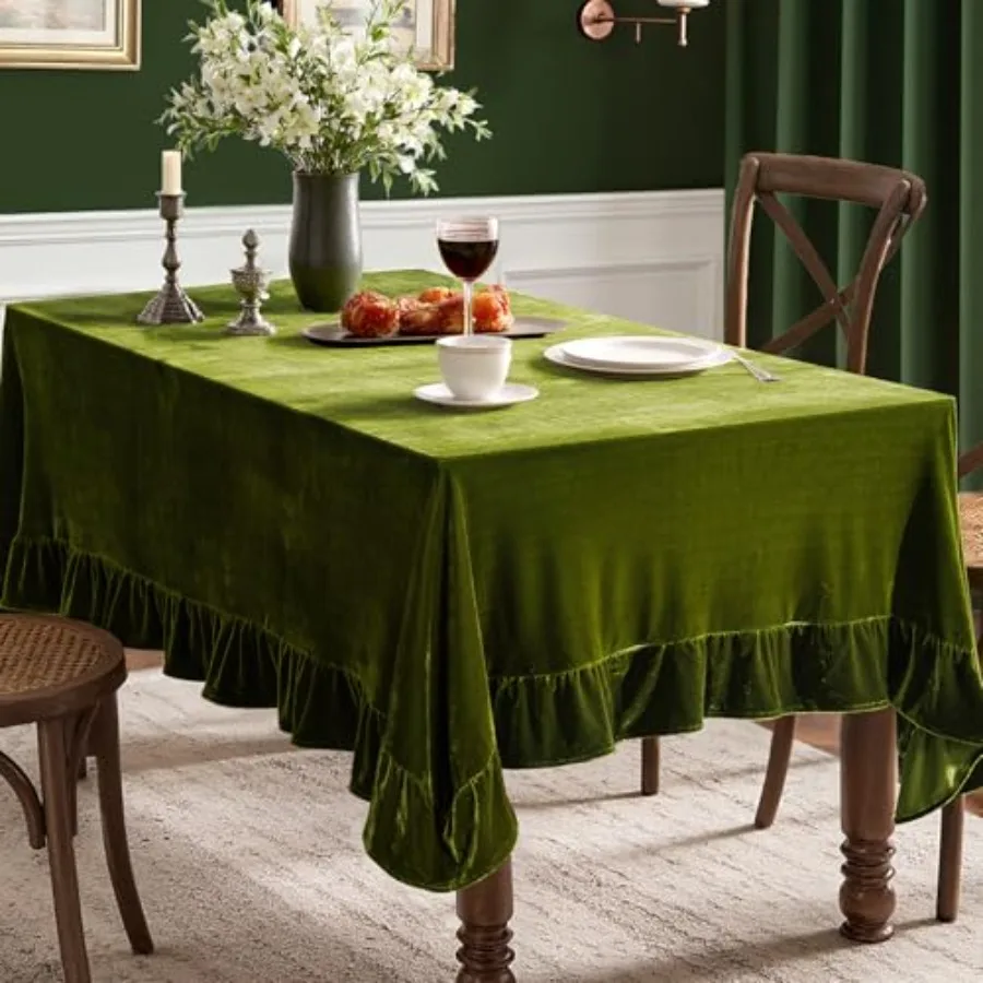 

Velvet Table Cloth with Decorative Ruffle Edge Luxurious Soft Spring Washable Rectangular Tablecloth Thick Wrinkle-Resistant Ob
